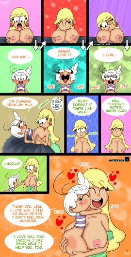 blonde_hair blowjob breasts cum cum_in_mouth cum_inside cum_visible_through_body english_text fellatio female female_on_femboy femboy femboy_on_female leni_loud lincoln_loud mysterbox nickelodeon oral oral_sex the_loud_house titjob tits_out