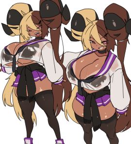 1girls aife_(zanamaoria) big_breasts big_horns blonde_hair bra_visible_through_clothes breasts brown_hair choker curved_horns dark-skinned_female dark_skin demon female female_only flat_colors gyaru hair_on_horn hi_res horns jacket_around_waist long_hair looking_at_viewer miniskirt narrowed_eyes original original_character pink_eyes smiling smiling_at_viewer smirk solo stockings succubus tanline thick_thighs transparent_clothing two-tone_hair white_background zanamaoria