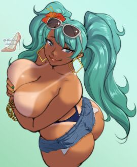 1girls 2d ass big_breasts bikini_bottom bikini_tan blue_eyes bracelet brazil brazilian brazilian_female brazilian_miku breasts bubble_ass bubble_butt busty covering_breasts daisy_dukes denim_shorts earrings female female_focus female_only flower flower_in_hair hatsune_miku hourglass_figure jean_shorts large_breasts long_hair madam_stiletto makeup short_shorts shorts solo standing sunglasses_on_head tagme tan tan_body tan_skin tanline thong thong_bikini topless turquoise_hair twintails vocaloid wide_hips