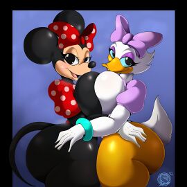 2022 2022s 2girls absurd_res anthro anthro_on_anthro anthrofied ass ass_grab beak big_ass big_breasts big_butt black_eyes blue_sclera bow bowtie_on_head breast_press breast_squeeze breasts butt_grab daisy_duck digital_media_(artwork) disney duck duck_girl duck_tail female female_focus female_only huge_ass looking_at_viewer looking_back looking_pleasured minnie_mouse mouse mouse_girl mouse_tail multiple_females multiple_girls nude nude_female partially_clothed public_domain smile suirano tail thick_thighs thighs wide_hips yuri