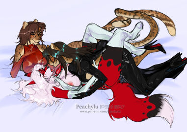 absurd_res android anthro ass big_breasts bodily_fluids boots breasts brown_body brown_fur brown_hair canid canine canis cheetah classy clothed clothing cybernetic_arm cybernetic_limb digital_media_(artwork) dress english_text epra fancy_clothing felid feline female female/female female_penetrated footwear fur furry_only futanari gloves green_eyes group group_sex hair handwear herm hi_res high_heels humanoid intersex kissing leopard m1a machine mammal nipples pantherine peachylu penetration pussy red_body red_fur robot robot_humanoid robotic_arm robotic_leg saliva sex simple_background smile spots tail text threesome tongue trio vaginal_penetration white_hair wolf