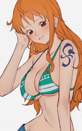 1girls absurd_res absurdres adult bare_arms bare_belly bare_midriff bare_shoulders bare_skin belly belly_button bikini bikini_top blush blush_lines blushing_female breasts brown-eyed_female brown_eyes cleavage collarbone earrings elbows female female_focus female_only fingers green_bikini green_bikini_top green_string_bikini green_swimsuit green_swimwear head_tilt high_resolution highres hourglass_figure jeans light-skinned_female light_skin long_hair looking_at_viewer medium_breasts nami_(one_piece) nave one_piece orange-haired_female orange_hair post-timeskip shoulders sideboob simple_background slender_body slender_waist slim_female slim_waist smile smiling_at_viewer solo sooon string_bikini striped_bikini stroking_hair swimsuit swimwear tattoo tattoo_on_arm tattooed_arm thin_waist tilted_head underboob upper_body wavy_hair white_background wide_hips