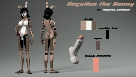 2024 3d absurd_res angelina_(zelyonka) animatronic anthro ass balls black_hair black_lips breasts brown_body character_name digital_media_(artwork) ear_piercing english_text erection futanari genitals glans grey_background hair hi_res humanoid_genitalia humanoid_penis intersex lagomorph leporid lips machine mammal model_sheet nipples nude nude_anthro palette penis piercing rabbit reference_image ring_piercing robot robot_anthro scut_tail short_tail simple_background solo source_filmmaker_(artwork) tail text zelyonka