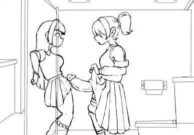 2girls animated baecohn balls bathroom big_penis bracelet breasts breathing dickgirl duo futanari gif gynomorph hidden_eyes looking_at_penis pants_down penis_on_pussy ponytail raised_skirt side_view sketch skirt throbbing_penis toilet toilet_stall wide_eyed