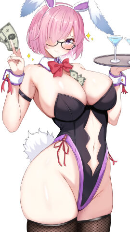 1girls ass breasts bunny_ears bunny_girl bunnysuit club fake_animal_ears fate/grand_order fate_(series) female female_human glasses hourglass_figure huge_ass human imomaya large_breasts leotard light-skinned_female mash_kyrielight money navel navel_cutout pink_hair playboy_bunny serving_tray short_hair slim_waist smile smug thick_thighs thighs wide_hips