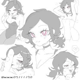 after_shower ashley_graves blowjob blush bunny_ears bunnysuit choker cleavage cum_in_mouth cum_on_face facial greyscale mimimi07211270 multiple_outfits pink_hair playing_card the_coffin_of_andy_and_leyley towel_only