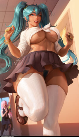 2020s 2024 2girls absurd_res absurdres athletic athletic_female bangs big_breasts big_thighs black_pantyhose black_skirt black_vest blue_eyes blue_hair blue_pubic_hair blush bottomless bottomless_female bracelet bracelets brazilian brazilian_female brazilian_miku breasts brown_shoes busty clothed clothed_female clothing cute cute_face dark-skinned_female dark_skin female female_focus female_only female_pubic_hair fingernails fit fit_female footwear fully_clothed fully_clothed_female genitals green_nail_polish green_nails hairy_pussy hallway hatsune_miku high_resolution highres hips huge_breasts large_breasts large_filesize latin_american_hatsune_miku_(meme) long_hair long_twintails luminyu megurine_luka multicolored_nail_polish multicolored_nails nail_polish navel no_panties no_underwear open_mouth_smile open_smile open_vest patreon_username perky_breasts pink_hair pinup pubic_hair pussy red_lips red_lipstick school shirt shoes skirt slim_female slim_waist smile socks stockings stomach tanline tanlines thick_thighs thighhigh_socks thighhighs thighs thunder_thighs thunderthighs tied_shirt toned toned_body toned_female toned_stomach twintails underboob vagina very_high_resolution vest vocaloid voluptuous voluptuous_female white_shirt white_socks white_stockings wide_hips yellow_nail_polish yellow_nails