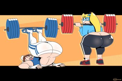 2girls alternate_version_available ass ass_cleavage ass_crack barbell big_ass blonde_hair brown_hair bubble_ass bubble_butt butt_crack chun-li fat_ass female female_only huge_ass ineptoutcast large_ass lying lying_on_back massive_ass no_panties png rainbow_mika smile squatting street_fighter thick_ass thick_thighs weightlifting wide_hips workout workout_clothes