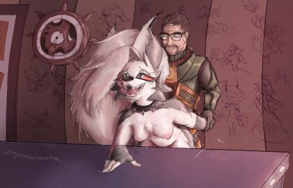 arms_held_back bent_over brown_hair choker crossover drooling furry glasses goatee gordon_freeman green_eyes grey_fur grey_hair helluva_boss hev_suit human_on_anthro looking_pleasured loona_(helluva_boss) mysticchoppa office open_mouth red_eyes redraw smirk spikes table valve vivienne_medrano