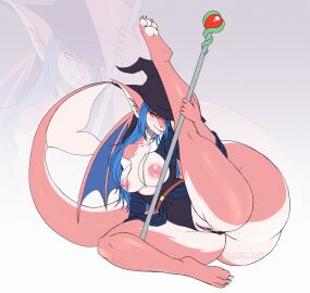 anthro anus blush bodysuit breasts claws clothed clothing clothing_aside dragon female flashing genitals hair hat headgear headwear hybrid leg_grab long_ears long_hair looking_at_viewer mythological_creature mythological_scalie mythology nipples panties panties_aside partially_clothed pawpads presenting presenting_pussy pussy scalie shark_tail skinsuit solo solo_focus spread_legs spreading staff thick_thighs tight_clothing toe_claws underwear underwear_aside undressing wide_hips wings witch_hat zeveth