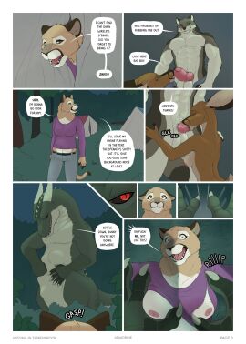 5_fingers anthro areola armorine artist_name belt bottomwear breasts brown_body camping_tent canid canine canis chloe_(armorine) closed_eyes clothed clothing comic cougar deer dialogue dragon english_text erection featureless_chest felid feline fellatio female fingers fur genitals green_body group head_spikes hi_res horn interspecies justin_(armorine) lying male mammal muscular muscular_anthro muscular_male mythological_creature mythological_scalie mythology night nine_frame_image nipples on_back on_ground oral pants penile penis penis_in_mouth pinned pinned_to_ground profanity pupils red_eyes samantha_(armorine) scalie sex shirt slit_pupils spikes spikes_(anatomy) tan_body tan_fur terren_(armorine) text topwear vore wingless_dragon wolf