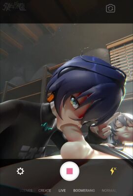 1boy 1girls 3d animated belle_(zenless_zone_zero) black_shirt blue_hair brother_and_sister earrings fake_screenshot fellatio green_eyes grey_hair hair_between_eyes incest indoors looking_at_viewer nail_polish necklace oral penis selfie shirt short_hair sound stkadachi tagme testicles uncensored v video wise_(zenless_zone_zero) zenless_zone_zero