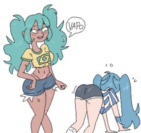 2girls argentinian_female argentinian_miku asian_latina ass back_view big_ass big_breasts blue_eyes blue_hair brazilian brazilian_female brazilian_flag brazilian_miku breasts brown_skin curvaceous curvy curvy_female female hatsune_miku jean_shorts jeans laradark13 latin_american_hatsune_miku_(meme) latina light-skinned_female light_skin looking_at_another portuguese_text shirt simple_background sweat tagme tanned thick_hips thick_thighs wide_hips yuri