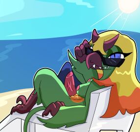 abs absurd_res avian beach erection eyewear genitals glasses gynomorph hi_res horn intersex looking_at_viewer muscular nevrean penis sea shizameakanzatsu teeth veings water