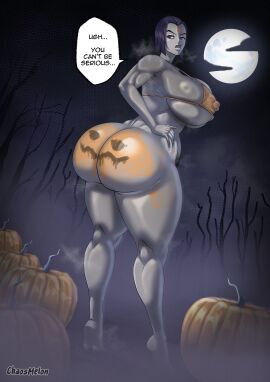 bikini_top bodypaint dc dc_comics goth goth_girl grey_skin halloween halloween_theme huge_ass huge_breasts nipple_bulge pumpkin purple_eyes purple_hair rachel_roth raven_(dc) teen_titans text_bubble thick_thighs venus_body