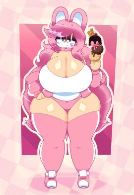 1girls belt_choker belt_collar big_breasts breasts brown_eyeshadow bunny bunny_ears choker cupcake_(bimboneko) dewbber eyeshadow female female_only furry ice_cream large_breasts long_hair mask masked masked_female pink_hair rabbit sneakers stockings thick_thighs thighhighs