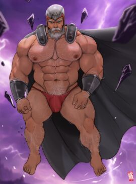 1boy 2024 2d 2d_(artwork) abs artist_name bara beard beefy big_pecs big_thighs body_hair bulge dilf doctor_anfelo erik_lehnsherr facial_hair flaccid floating grey_beard looking_at_viewer magneto magneto_(marvel_rivals) male male_only marvel marvel_comics marvel_rivals max_eisenhardt metalkinesis mutant_(marvel) no_visible_genitalia penis powers questionable solo solo_male thong underwear watermark x-men yaoi