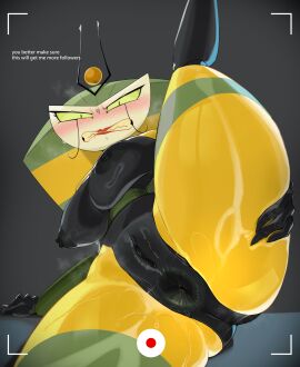 anus areola big_breasts biped blush bodily_fluids breasts dialogue female fingers genitals glistening glistening_body green_eyes grey_background hi_res machine mdthetest my_life_as_a_teenage_robot nickelodeon nipples pupils pussy queen_vexus raised_leg robot simple_background spread_legs spreading sweat thick_thighs vexus