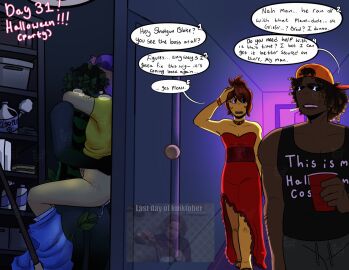 against_door against_surface against_wall almost_caught backwards_baseball_cap baseball_cap bite_mark block_tales blue_jeans bunnyolin casual_conversation closet closet_sex costume crossdressing crossdressing_male cum cum_drip dark-skinned_male dreads dyed_hair english_text finn_mccool_(block_tales) gay griefer_(block_tales) halloween halloween_party halloween_theme hallway hallway_in_background idk_what_to_tag_it kinktober_2025 locs male megaphone_man_(block_tales) meme_in_the_background no_sex_focus pants_around_one_leg pants_down party party_sex perspective perspective_shot procreate_(software) purple_background rendered roblox roblox_game robloxian self_upload sex sex_against_wall sex_during_party shotgun_bloke_(block_tales) solo_cup speech_bubble text walking walking_away watermark wig yellow_shirt