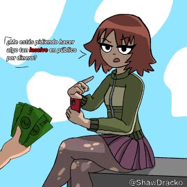 1girls 2024 annoyed_expression artist_name cellphone female freckles kim_pine mascara prostitution raised_eyebrow red_hair scott_pilgrim shawdracko skirt soliciting spanish_text tagme torn_pantyhose