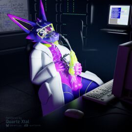 3d_(artwork) absurd_res android anthro aroused balls blender_(artwork) blender_cycles blue_body blush blush_lines bodily_fluids chair claws clothing coat collar computer computer_keyboard computer_mouse cum cum_drip cum_dripping_from_mouth cum_in_mouth cum_inside cum_on_belly cum_on_body cum_on_chest cum_on_chin cum_on_clothing cum_on_face cum_on_hand cum_on_head cum_on_lab_coat cum_on_penis cum_on_self cum_on_tongue cumshot dark_room depth_of_field desk detailed_background digital_media_(artwork) dimly_lit dripping ejaculation electronics excessive_cum excessive_genital_fluids facial_markings furniture genital_fluids genitals glistening glistening_body green_accents green_collar green_mouth green_nostrils green_penis green_tongue hand_on_belly hand_on_penis head_markings hi_res id_card id_tag knot knotted_penis kobold lab_coat laboratory lautus-k looking_at_computer looking_at_monitor looking_at_object looking_pleasured machine male markings masturbation metal_collar motion_blur multicolored_body office_chair one_eye_closed orgasm penis purple_accents purple_balls purple_body qr_code quartz_xtal quartz_xtal_(artist) robot robot_anthro scaled_penis scalie screen screen_face server server_room solo speaker_ears spikes synthetic synthetic_penis table tongue tongue_out topwear white_claws white_eyes whiteboard
