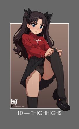 adjusting_clothes adjusting_legwear artist_name ass_visible_through_thighs black_footwear black_panties black_ribbon black_skirt black_thighhighs blue_eyes blush border breasts brown_background brown_hair closed_mouth clothes_lift commentary dressing english_commentary english_text fate/stay_night fate_(series) female female_pubic_hair foot_out_of_frame foot_up frown grey_border hair_ribbon hands_on_own_knee highres knee_up light_blush light_frown long_hair long_sleeves looking_down mary_janes naytlayt nose_blush outside_border panties pantyshot parted_bangs pleated_skirt pubic_hair pussy pussy_peek red_sweater ribbon see-through_clothes see-through_panties shoes signature skindentation skirt skirt_lift small_breasts solo sweater thighhighs thighs tohsaka_rin turtleneck turtleneck_sweater twitter_username twitter_x_logo two_side_up underwear v-shaped_eyebrows wardrobe_malfunction web_address white_border