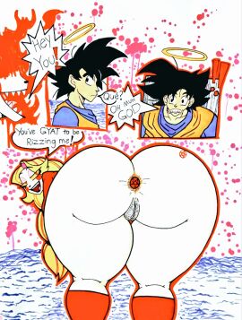 anal_plug ass ass_bigger_than_head ass_focus backboob bent_over big_breasts breasts butt_plug charlie_morningstar charlie_morningstar_(hazbin_hotel) comic crossover demon demon_girl dialogue dragon_ball dragon_ball_z eastern_and_western_character english_text female funny hazbin_hotel huge_ass humor nutboiart8008 presenting_ass presenting_hindquarters presenting_pussy public public_nudity pussy son_goku spanglish speech_bubble tagme teasing traditional_media_(artwork)