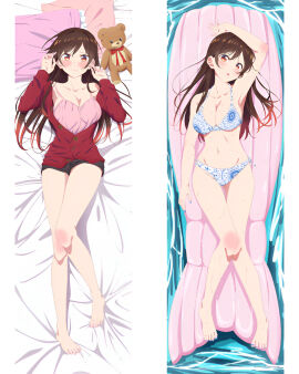 arm_up armpits bare_belly bare_legs bare_shoulders bare_thighs barefoot bed_sheet belly_button big_breasts bikini black_shorts blush breasts brown_eyes brown_hair clenched_teeth collarbone dakimakura dakimakura_design embarrassed feet female kanojo_okarishimasu knee_blush long_hair lying mizuhara_chizuru mouth_closed nail_polish nightgown official_art open_mouth open_shirt pillow pool red_shoes shirt shorts thighs toenail_polish toes water wet_body