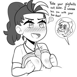 1futa 2d 2girls black_and_white boobjob breasts english_text erin_(ikeychain) female futanari hands_on_breasts heart heart-shaped_pupils heart_symbol ikeychain intersex looking_at_partner motion_lines nemona_(pokemon) original original_character paizuri pokemon pokemon_sv shirt_up swirly_eyes tagme trans_woman transfem uniform