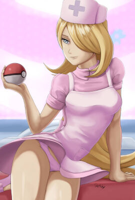 1girls blonde_hair breasts cynthia_(pokemon) female flats game_freak grey_eyes hair_over_one_eye holding_poke_ball long_hair medium_breasts milf nintendo nurse nurse_cap nurse_uniform panties pink_panties pokeball pokemon pokemon_dppt sketchymoves upskirt