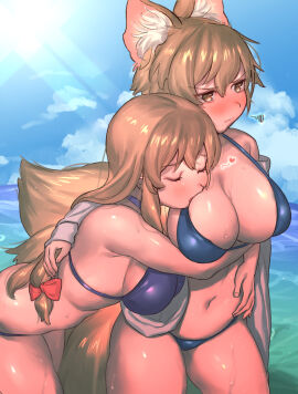 2girls animal_ear_fluff animal_ears bare_shoulders beach bikini blonde_hair blue_bikini blush breasts brown_eyes brown_hair cleavage closed_eyes cloud day embarrassed eyebrows eyes_closed female female_only fox_ears fox_tail hair_between_eyes hair_ribbon hand_on_another's_back hand_on_own_stomach heart highres hug hugging jacket kemonomimi large_breasts long_hair masanaga_(tsukasa) mature_female milf multi_tail multiple_females multiple_girls navel ocean purple_bikini ran_yakumo ribbon shiny_skin short_hair skindentation sky spoken_heart sunlight sweatdrop swimsuit tail touhou water white_jacket yakumo_ran yakumo_yukari yellow_eyes yuri