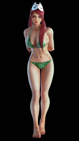 1girls 3d alluring athletic athletic_female bare_legs bikini cleavage davidchikardi female female_abs fit fit_female kitsune_mask_on_head kunimitsu kunimitsu_ii kunoichi lavender_eyes namco pin_up posing red_hair tekken tekken_8 watermelon_bikini