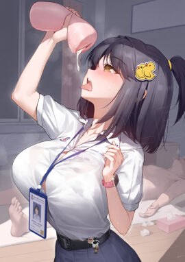 1boy artificial_vagina belt black_hair blush breasts brown_eyes cum duck_hair_ornament english_commentary female gao-lukchup gao_(gaolukchup) hair_ornament holding holding_sex_toy huge_breasts id_card indoors lanyard loogchoob_(gaolukchup) male onahole open_mouth original sample_watermark sex_toy shirt skirt tongue tongue_out used_artificial_vagina watch watermark white_shirt wristwatch