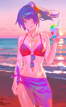 1girls beach belly_button bikini bikini_skirt blue_eyes bra bra_pull bra_removed breasts eruart female female_only long_hair monogatari_(series) poeru purple_hair senjougahara_hitagi side-tie_bikini skirt solo swimsuit tagme tied_hair