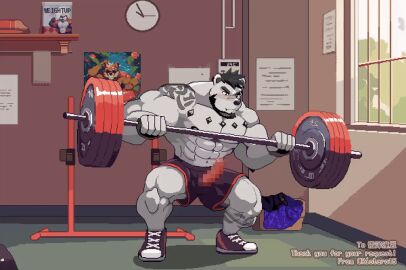 2023 animated anthro areola arm_tattoo artist_name athletic athletic_wear barbell bear beard biceps black_areola black_clothing black_footwear black_hair black_shoes blush bodily_fluids bottomwear box bulge chest_gem chinese_text clothed clothing container cum cum_on_ground day ejaculation english_text erection exercise eyes_closed facial_hair facial_scar footwear fur gem genital_fluids genitals gym_bottomwear gym_shorts hair hands-free home_gym inside leg_tattoo male mammal muscular muscular_anthro muscular_male navel nipple_piercing nipple_ring nipples obliques pawpads penis penis_poking_out piercing plant polar_bear poster rayther_dawn ring_piercing riotaro15 scar shelf shoes short_playtime shorts shoulder_tattoo sneakers snout snout_scar solo spontaneous_ejaculation tattoo text topless tree ursine weightlifting weights white_body white_fur window workout