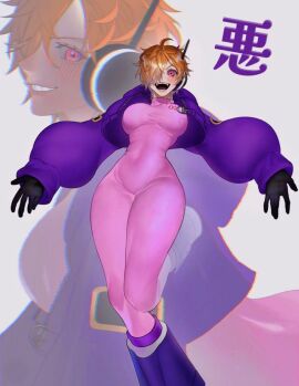 1girls 2024 big_breasts blonde-haired_female blonde_hair blush breasts clothed clothing color female female_focus female_only fully_clothed hi_res large_breasts light-skinned_female light_skin looking_at_viewer one_piece one_piece:_egghead_arc orange_hair purple_eyes short_hair shounen_jump siokosho_kinoko solo suit tagme thick_thighs tight_clothing vegapunk_lilith