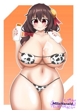1girls artist_name belly belly_button blush breasts brown_hair collarbone cow_bikini cow_print cowkini crown_braid embarrassed female female_only hair_between_eyes hair_ornament hair_over_shoulder hair_ribbon hairbow highres holding_object huge_breasts human kono_subarashii_sekai_ni_shukufuku_wo! large_breasts large_thighs light-skinned_female light_skin looking_at_viewer low_twintails medium_hair milk milk_bottle milk_on_breasts miloharald open_mouth raided_hair red_eyes red_ribbon ribbon ribbons simple_background solo solo_female square_bikini thick_hips thick_thighs thighs twintails twitter_username yunyun_(konosuba)