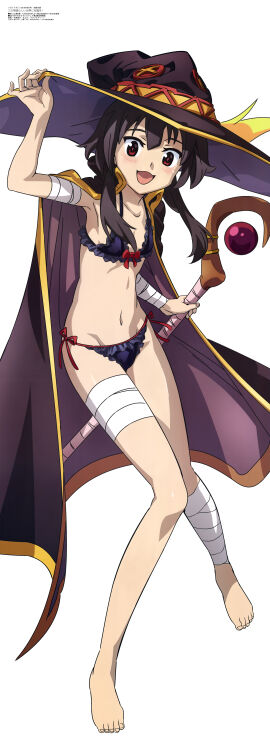 1girls absurd_res adjusting_clothes armpits bandaged_arm bandaged_leg bandages bandages_on_legs barefoot bikini black_bikini blush breasts brown_hair cape cleavage dated feet female female_focus flat_chest full_body hat highres holding holding_staff imaizumi_naoko knees_together_feet_apart kono_subarashii_sekai_ni_shukufuku_wo! looking_at_viewer mage_staff megumin midriff navel official_art open_mouth red_eyes scan short_hair_with_long_locks sidelocks simple_background smile solo staff swimsuit thighs toes white_background witch