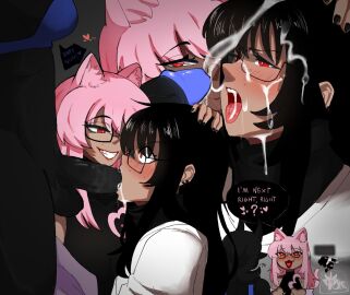 2femboys angry angry_expression angry_face big_penis black_hair blowjob cat_ears cum cum_on_face cum_on_glasses cumdump cumming cumming_in_mouth cumming_on_face cute cute_face dark_skin drakkon00 femboy forced_blowjob futanari intersex looking_at_penis male mandzatsu monster_cock original original_character original_characters penis pink_hair red_eyes saliva smile you_died