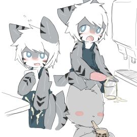 2d 2d_(artwork) animal_genitalia animal_penis anonymous_character apron blue_eyes blush blushing changed_(video_game) comic comic_page cum cum_in_container cum_in_cup cum_in_glass drinking drinking_cum eyebrows_visible_through_hair fur furry furry_ears furry_male furry_tail grey_fur male male_focus male_only masturbation penis sanu_(サヌ) semen shark shark_(changed) shark_tail tagme tiger_shark_(changed) waiter waitress white_background white_hair