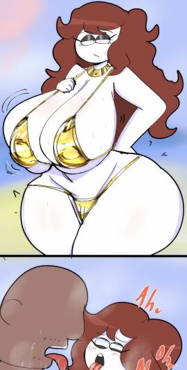 ass auburn_hair big_breasts breasts carmen_(spooky_month) cropped female gold_bikini hourglass_figure huge_ass huge_breasts kotarodayo1126 massive_ass massive_breasts micro_bikini milf newgrounds spooky_month thick_thighs wide_hips