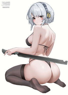 1girls anby_demara ass back back_view black_bra black_panties black_stockings bra breasts color colored earphones feet female female_only headphones high_res high_resolution highres holding_object holding_sword holding_weapon looking_at_viewer looking_back looking_back_at_viewer orange_eyes panties stockings string_bra string_panties sword toes weapon white_hair zenless_zone_zero zhikovv