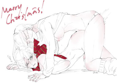 1boy 1girls anal anal_penetration anal_sex artist_name arufido bottomless bottomless_female bottomless_male breasts christmas closed_eyes clothed_sex cumming doggy_style dripping_cum effectively_nude english_text exposed_breasts female female_on_femboy femboy femdom gentle_femdom good_boy holding_hands male male_penetrated male_sub malesub minimal_color motion_lines nude_male_clothed_female one_eye_closed original original_character partially_clothed pegging practically_nude red_scarf simple_background strap-on strapon submissive_male text wholesome wholesome_sex