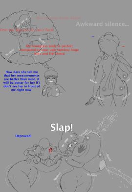 2girls aged_up akane_tendo angry anime annoyed annoyed_expression annoyed_face ass ass_bigger_than_head ass_grab blushing blushing_female breast_slap breasts breasts_bigger_than_head chounyuu dialogue embarrassed female grey_background greyscale hips hips_wider_than_shoulders huge_breasts huge_thighs lactation milk monochrome naked naked_female nipples nude nude_female ranma-chan ranma_1/2 ranma_saotome sketch tomboy whyhyper69