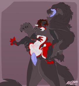 animal_genitalia brown_body brown_fur canid canine canis claws domestic_dog duo fur genital_slit genitals hi_res korzakov long_tongue male male/male mammal monster multi_arm multi_eye multi_limb penetration penis pink_penis red_body red_fur sex size_difference teratophilia tongue white_body white_fur zach_(korza)