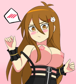 1girls big_breasts blush breasts breasts_out brown_eyes brown_hair female female_only hairclip karin_(zenostriker) long_hair looking_at_viewer original_character strap_slip zenostriker