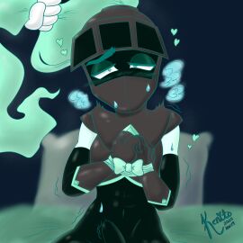 armor bondage cartoony clothed dandy's_world erection hair_pulling half-closed_eyes heart-shaped_pupils kenitohhh light_bondage panting pinup pinup_art ponytail ribbon soulvester soulvester_(dandy's_world) stylized sweat tied_hands twitching_cock