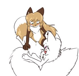 albino anthro averi_(fiddleafox) blush bodily_fluids brown_body brown_fur canid canine casual_nudity chest_tuft digital_media_(artwork) digitigrade dipstick_tail domestic_cat duo eyebrow_through_hair eyebrows felid feline felis female female/female fent_breather fluffy fluffy_tail fox fur genital_fluids gloves_(marking) green_eyes hair hand_holding hi_res leg_markings lying mammal markings multicolored_tail nude on_back paws pink_eyes pussy raised_eyebrow red_fox robyn_(sentypurr) sex simple_background tail tail_markings translucent translucent_hair tribadism true_fox tuft vaginal_fluids vaginal_penetration whiskers white_background white_body white_fur