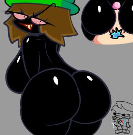 1boy 1girls ass assjob bambi_(dave_and_bambi_mod) black_skin boyfriend_(friday_night_funkin) breasts brown_hair buttjob covered_assjob covered_buttjob dave_and_bambi_mod eyebrows eyebrows_visible_through_hair fat_ass female fnf_gore_mod friday_night_funkin friday_night_funkin_mod green_hat grey_background jp20414_(artist) looking_at_viewer looking_back male mmll monday_morning_live_leakin nigby_(mmll) penis racist red_eyes red_sclera shiny_ass shiny_skin teeth thighs yellow_teeth