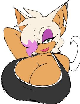 big_breasts breasts cleavage dyed_hair female green_eyes hair_covering_eye kissable_lips mobian_(species) momiji_(artist) one_arm_behind_back one_arm_behind_head rouge_the_bat sega sonic_(series) sonic_the_hedgehog_(series) tagme thick_bottom_lip white_background